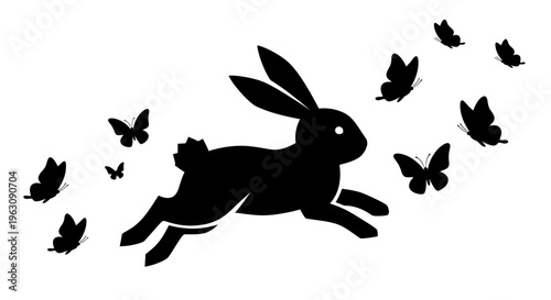 Graceful black rabbit leaping amidst a flurry of butterflies.