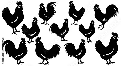Collection of various rooster silhouettes in black and white.