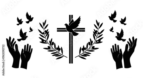 Religious Symbolism with Cross, Doves, Olive Branches, and Hands.