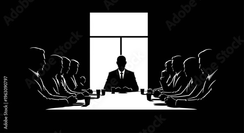 Silhouetted figures in a dark boardroom meeting with a central leader.