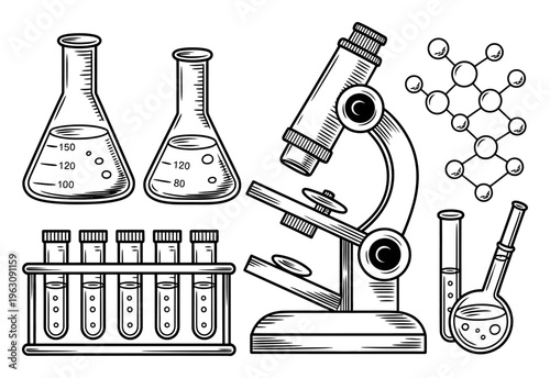 Vintage Science Lab Equipment: Microscope, Flasks, and Test Tubes
