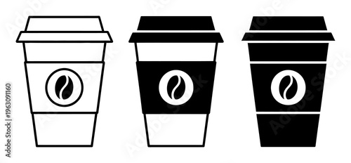Three stylized coffee cups with coffee bean one outline, two solid