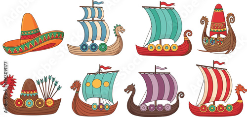 Whimsical Viking ships with colorful sails and sombrero-inspired design blending Nordic and Mexican cultural elements in playful cartoon illustration for creative stock image collection