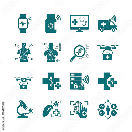 Advanced medical technology and digital healthcare icon collection set