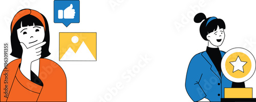 A woman in orange contemplates while another in blue receives a star award with excitement and approval icons nearby