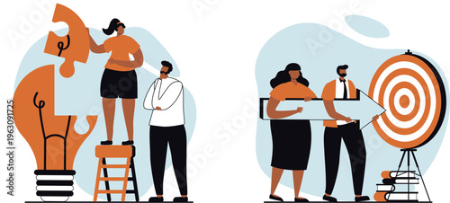 Teamwork and strategy combining puzzle pieces with aim target for collaborative success and goal achievement together