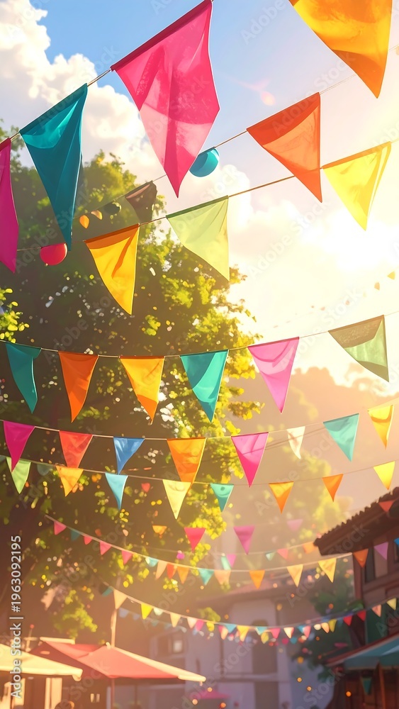 Obraz premium A colorful festive scene with triangular flags and trees