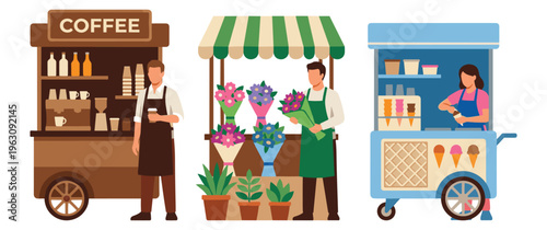 Street food carts coffee flowers ice cream vector illustration set.