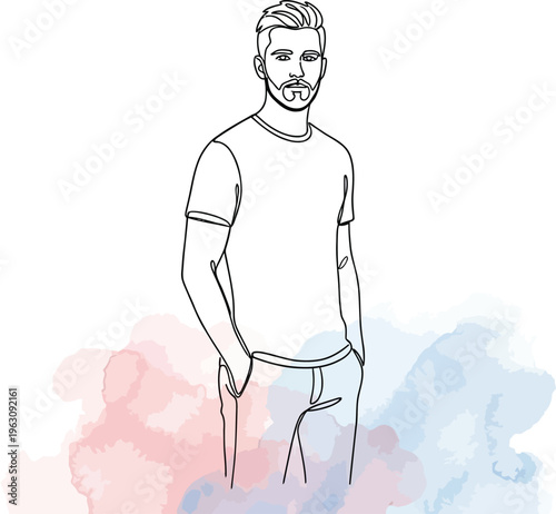 Continous line drawing a man with beard standing with hands in pockets single line male