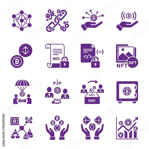 Cryptocurrency and decentralized finance vector icon collection set