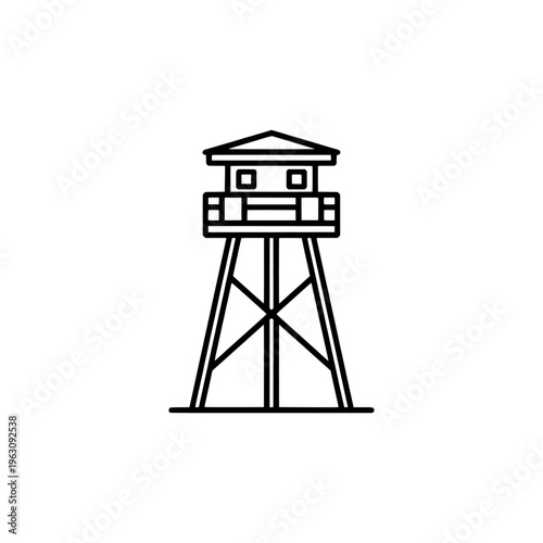 Hiking ranger lookout tower icon logo design. Forest fire watchtower sign and symbol. Park ranger lookout icon. Camping and hiking navigation.