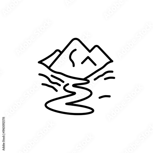 Mountain valley river icon logo design. Nature landscape sign and symbol. Mountain valley river icon. Outdoor travel adventure logo.
