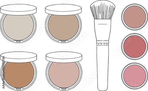 Makeup cosmetics set with powder compacts blush shades and brush in minimalist line style for beauty and skincare design projects