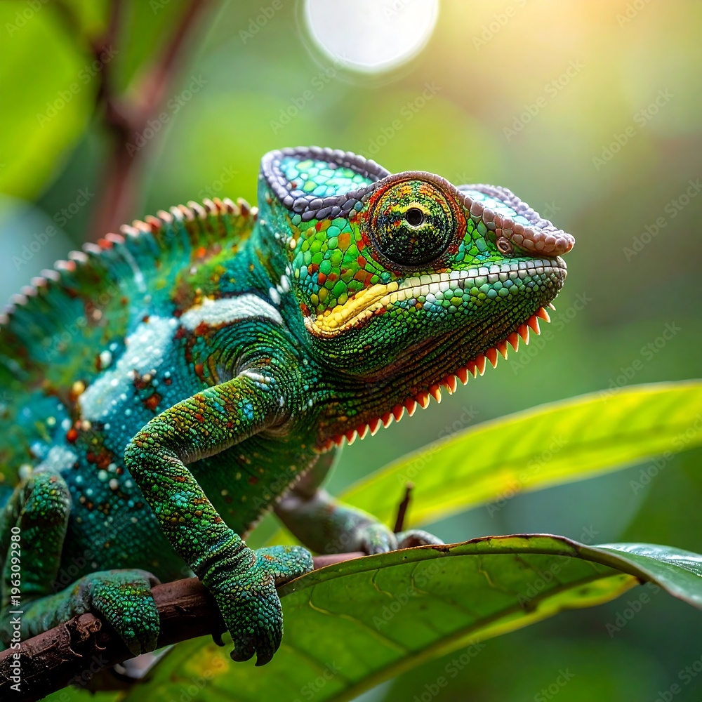 Obraz premium Close-up of a colorful chameleon perched on a leafy branch, sunlight