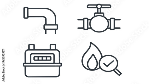 Natural Gas Supply Vector Icon Set with Pipeline Valve and Safety Symbols