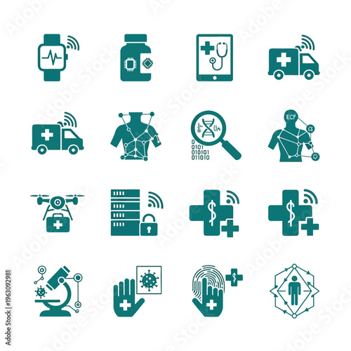 Digital health and medical technology icons in teal flat design