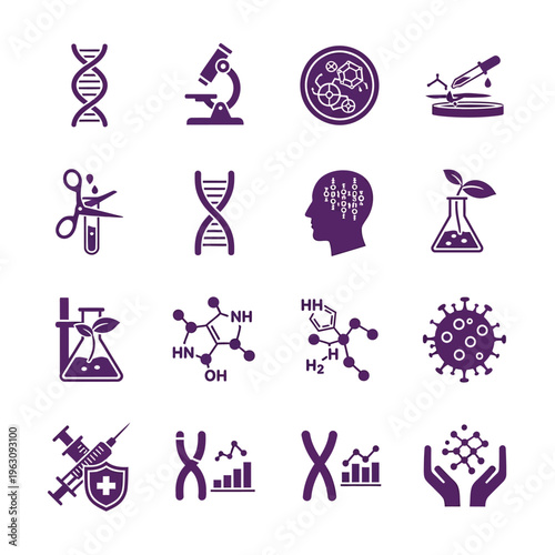 Genetic research and laboratory science glyph icons in purple