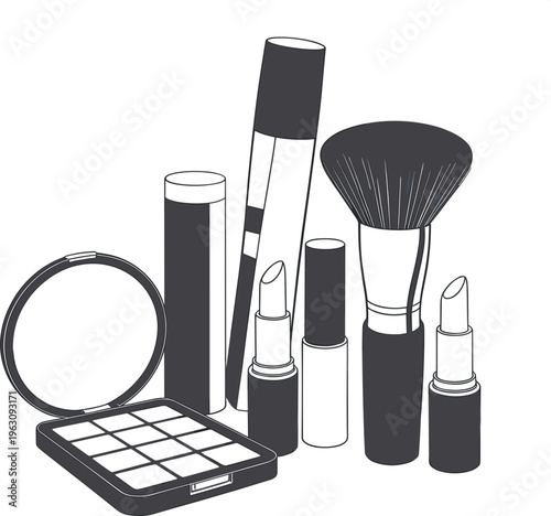 Makeup essentials collection with lipstick brush palette and cosmetic tools in elegant monochrome illustration style for beauty and fashion design