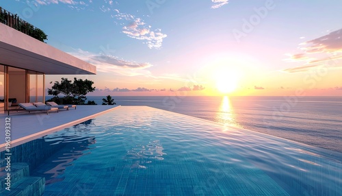 Luxury infinity pool at sunset overlooking a tropical ocean with crystal clear turquoise water. A breathtaking seamless horizon view perfect for high-end travel branding, resort promotions, and summer