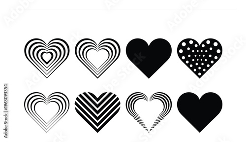 Collection of Eight Stylized Heart in Black and White