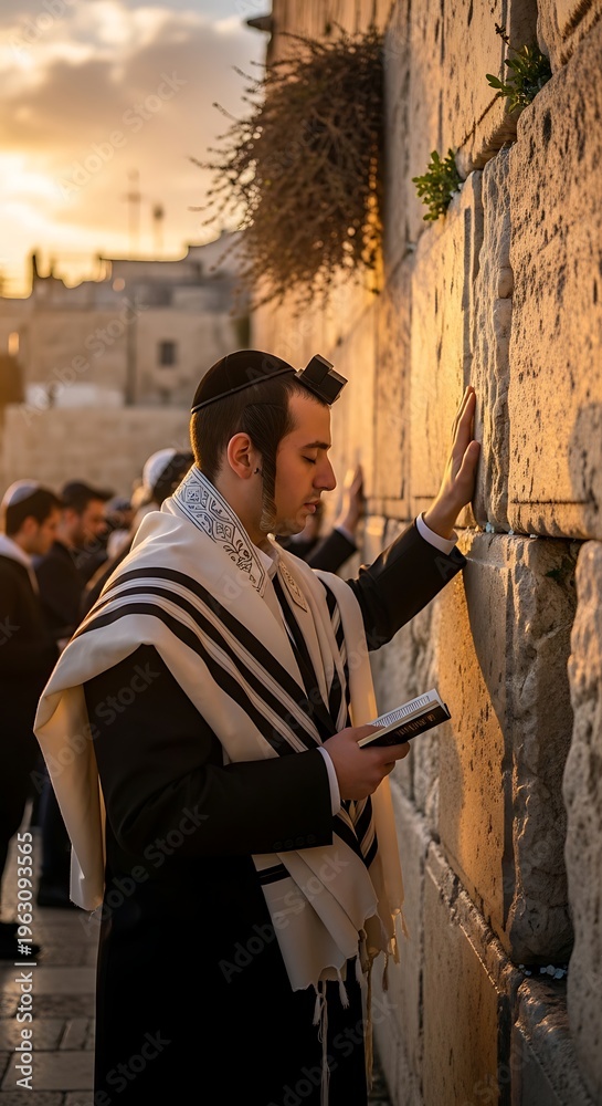 Fototapeta premium Man praying at ancient stone wall during golden hour sunset
