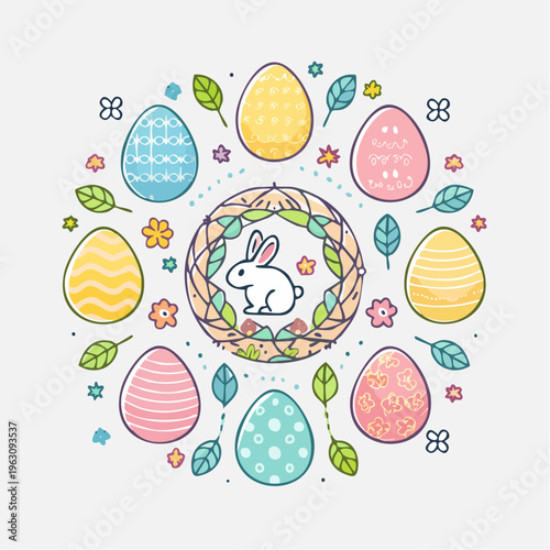 Colorful Easter-themed illustration of a bunny in a wreath surrounded by decorated eggs, leaves, and flowers on a white background.