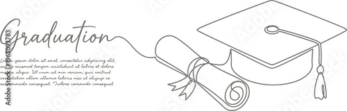 Hand drawn one line continous cap and diploma vector illustration