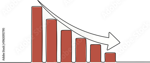 Chart graph with down arrow in continuous single line style. Concept of business decline, down growth. Bar chart one line. Business financial sales market growth. Growing graph editable stroke vector