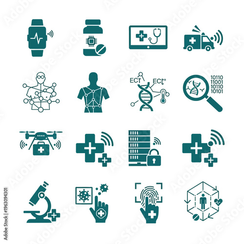 Dark medical technology and digital healthcare icon set for smart medicine