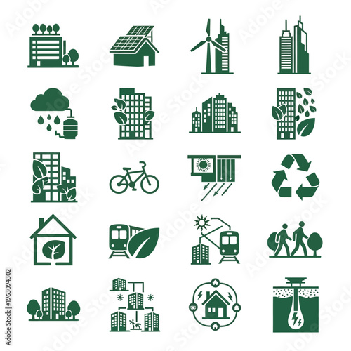 Sustainable city and green energy environmental icons collection set