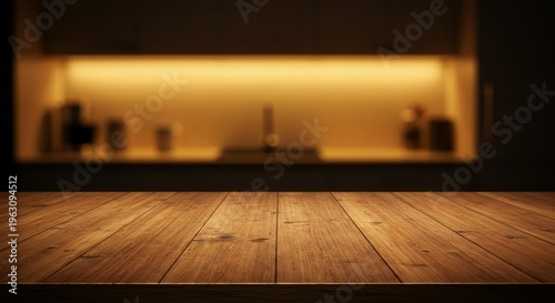 A dimly lit wooden tabletop in a kitchen with blurred background