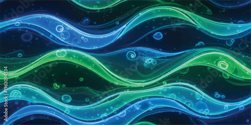 Vibrant blue and green bioluminescent gel featuring ethereal wavy lines and shimmering bubbles, creating an otherworldly fluid abstract.