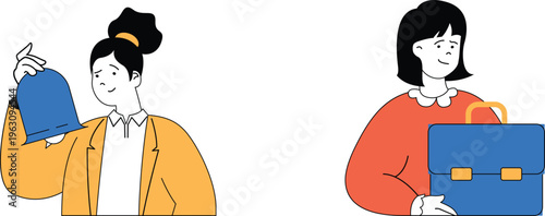 Two professionals exchanging items while smiling at each other in a friendly business interaction scene