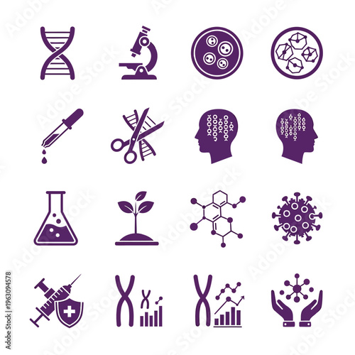 Biotechnology and genetic engineering research icon collection