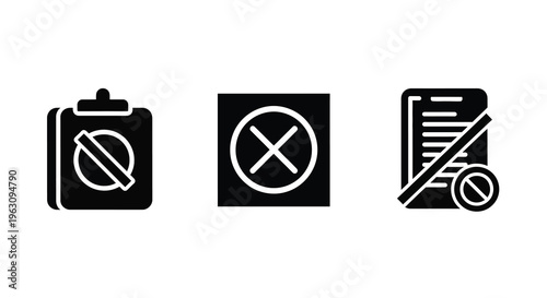 Three black icons representing restrictions a no symbol and a document silhouette