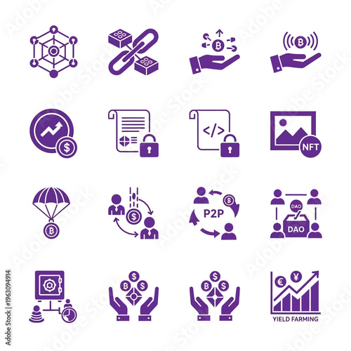 Cryptocurrency and decentralized finance vector icon collection