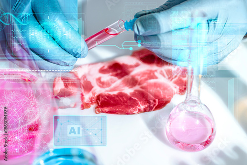Fényképezés Raw pork steak examined next to a petri dish in a biotech laboratory
