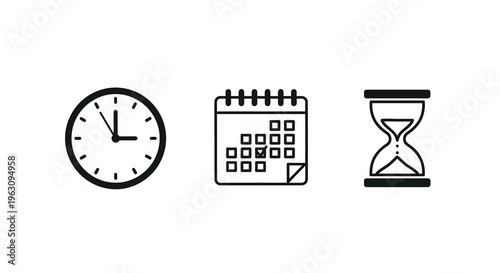 Time management icons featuring a clock calendar and hourglass silhouette