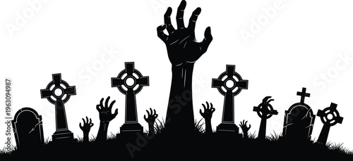 Spooky cemetery silhouette with zombie hands rising from the ground among old gravestones and crosses for Halloween horror vector graphic designs.
