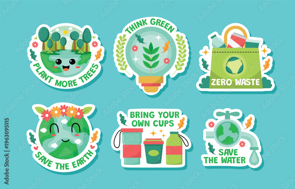 Fototapeta premium Colorful stickers promoting environmental awareness and sustainable living practices
