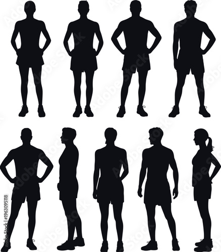 Running people silhouettes set with male and female athletes in standing poses isolated on white background, fitness, jogging, sport training, healthy lifestyle concept