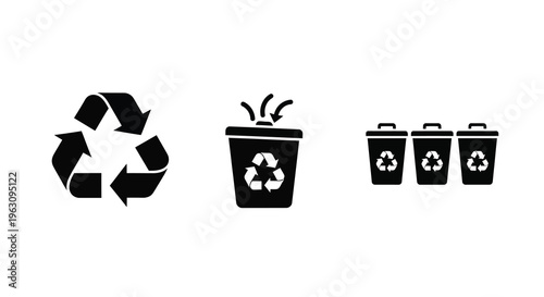 Recycling symbols and trash cans depicted in a dark silhouette