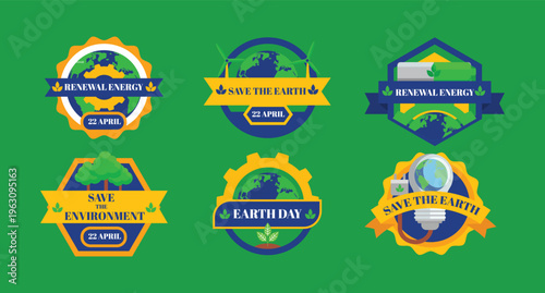 Earth day badges promoting renewable energy and environmental conservation
