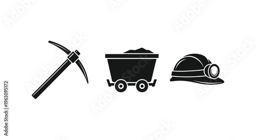 Mining tools including a pickaxe ore cart and helmet silhouette