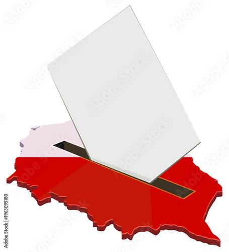 3D map of Poland with national flag colors acting as a ballot box for a voting paper, representing democratic elections, political choice and civic duty. (cut out)