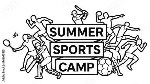 Summer sports camp vector graphic with diverse athletic activities.