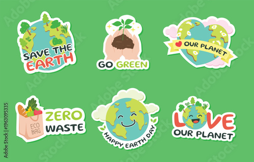 Colorful stickers promoting environmental awareness and a sustainable lifestyle