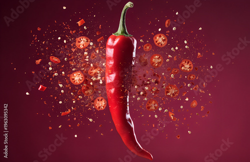 Fiery Chili Pepper Explosion: An artistic shot showcasing a vibrant red chili pepper suspended mid-air, its fragments exploding outwards against a rich, burgundy backdrop.