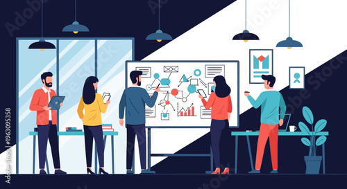 Business people discussing on whiteboard.