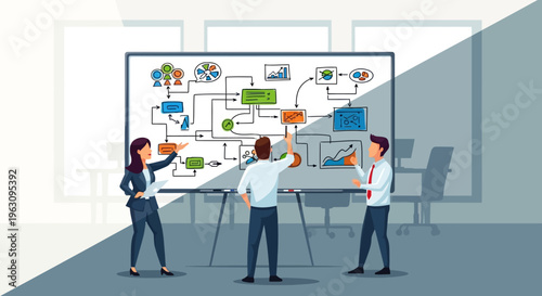 Business people discussing workflow strategy.